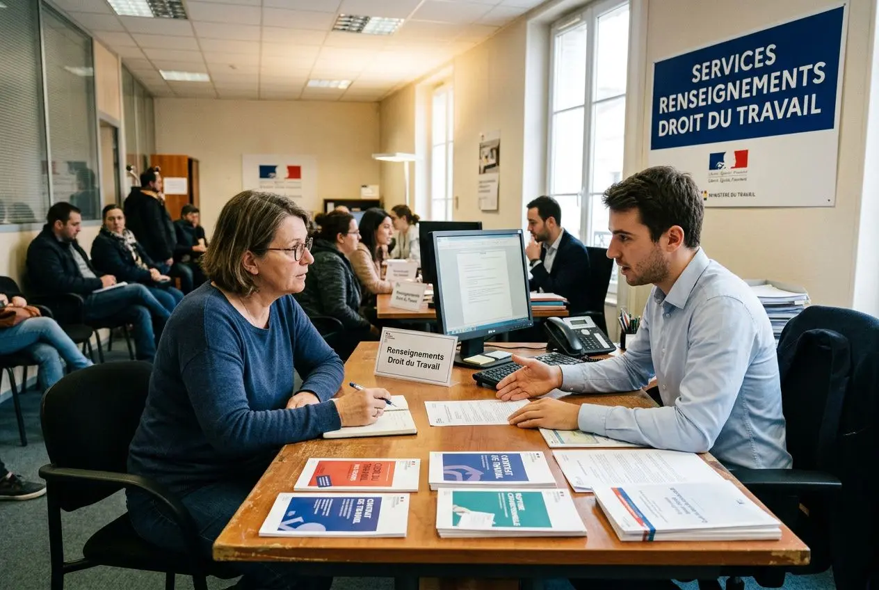 Agent d’inspection du travail recevant une personne au guichet, autour d’un bureau avec documents et écran d’ordinateur. Signage “Services renseignements droit du travail” en arrière-plan. Alt: inspection du travail numéro ? inscrit dans le contexte.