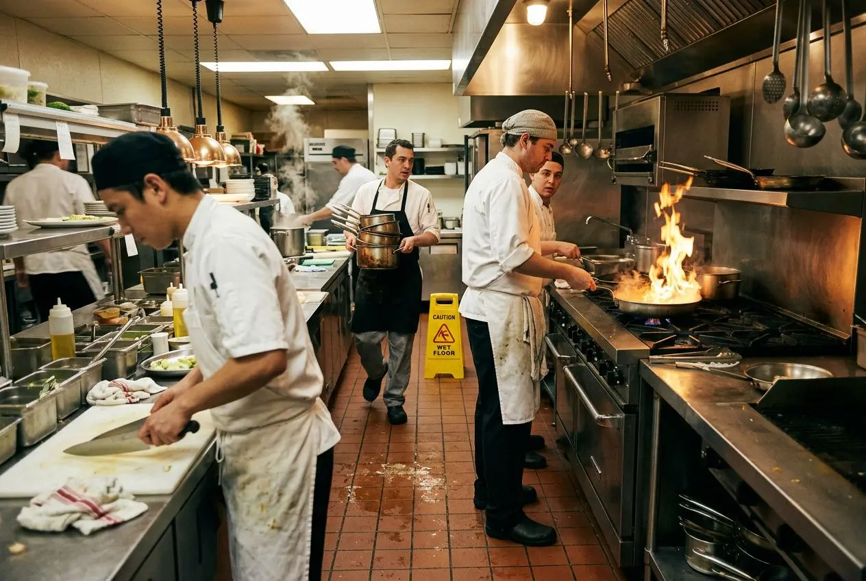 Chef en cuisine en action dans une cuisine professionnelle, feux et ustensiles en mouvement, affichage de sécurité au sol. Document unique d'évaluation des risques restauration intégré.