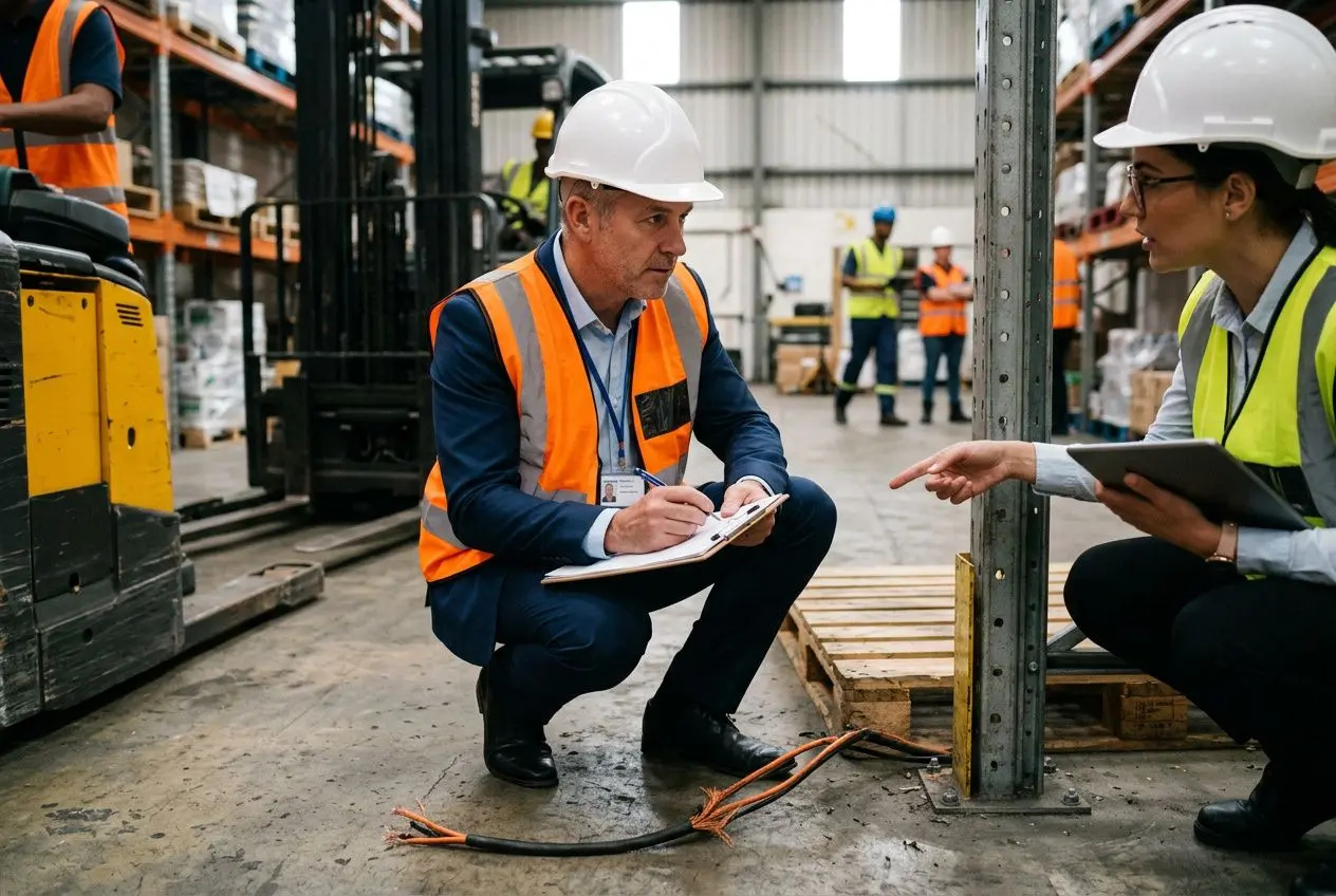 Deux salariés en usine discutent près d’un rayonnage, l’un prend des notes sur un carnet, l’autre sert de gestuelle explicative. Droit de retrait manque de personnel.