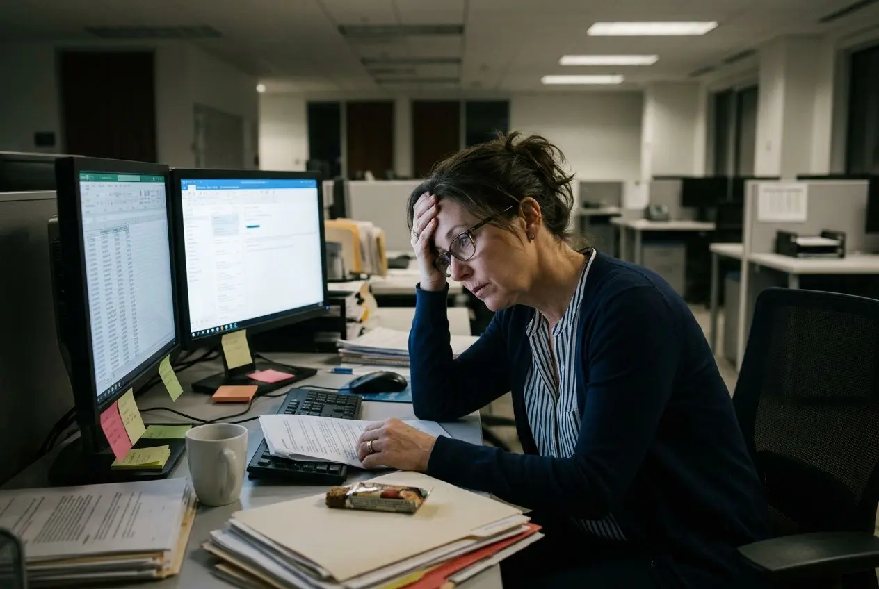 Une femme au bureau, impactée et fatiguée, se tient le front, entourée d’écrans et de piles de documents. Mauvaises conditions de travail.