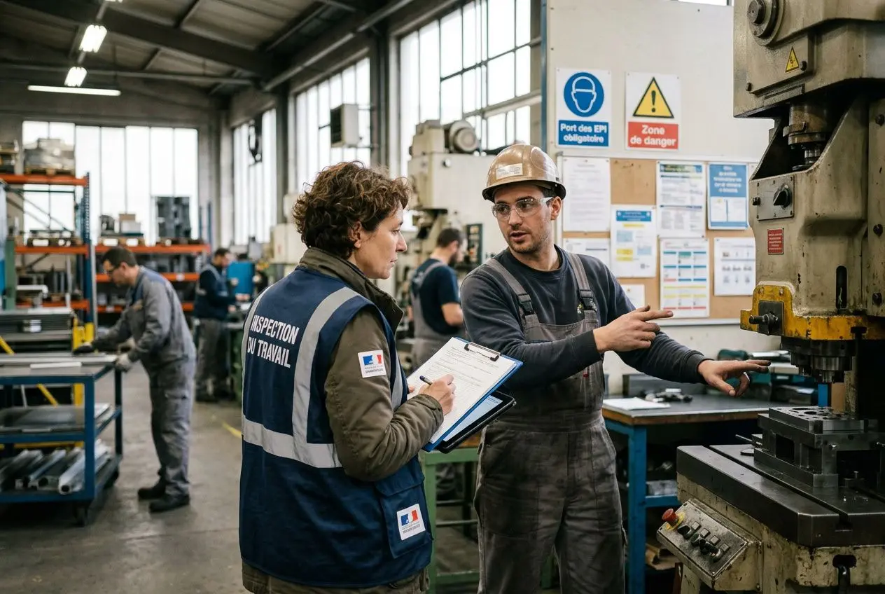 Inspecteurs du travail parlant avec un ouvrier dans un atelier industriel, l’un tient un dossier; ambiance sécurité et machines. Inspection du travail numéro : obtenez vos renseignements.
