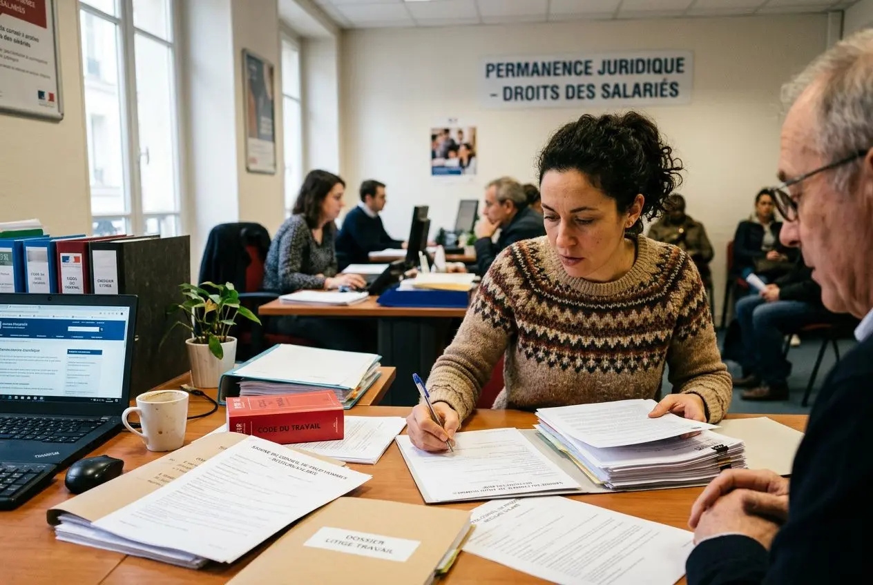 Personne assise à un bureau, écrivant des documents, entourée de dossiers et d’un ordinateur; signe "PERMANENCE JURIDIQUE - DROITS DES SALARIÉS" en arrière-plan. Mauvaises conditions de travail évoquée par le contexte.