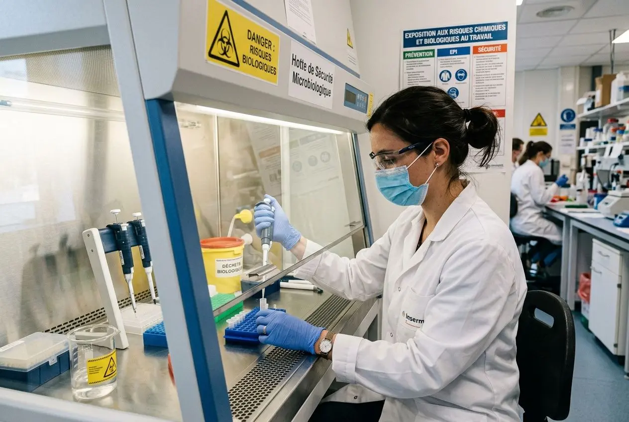 Travailleur manipulant des produits chimiques avec équipement de protection