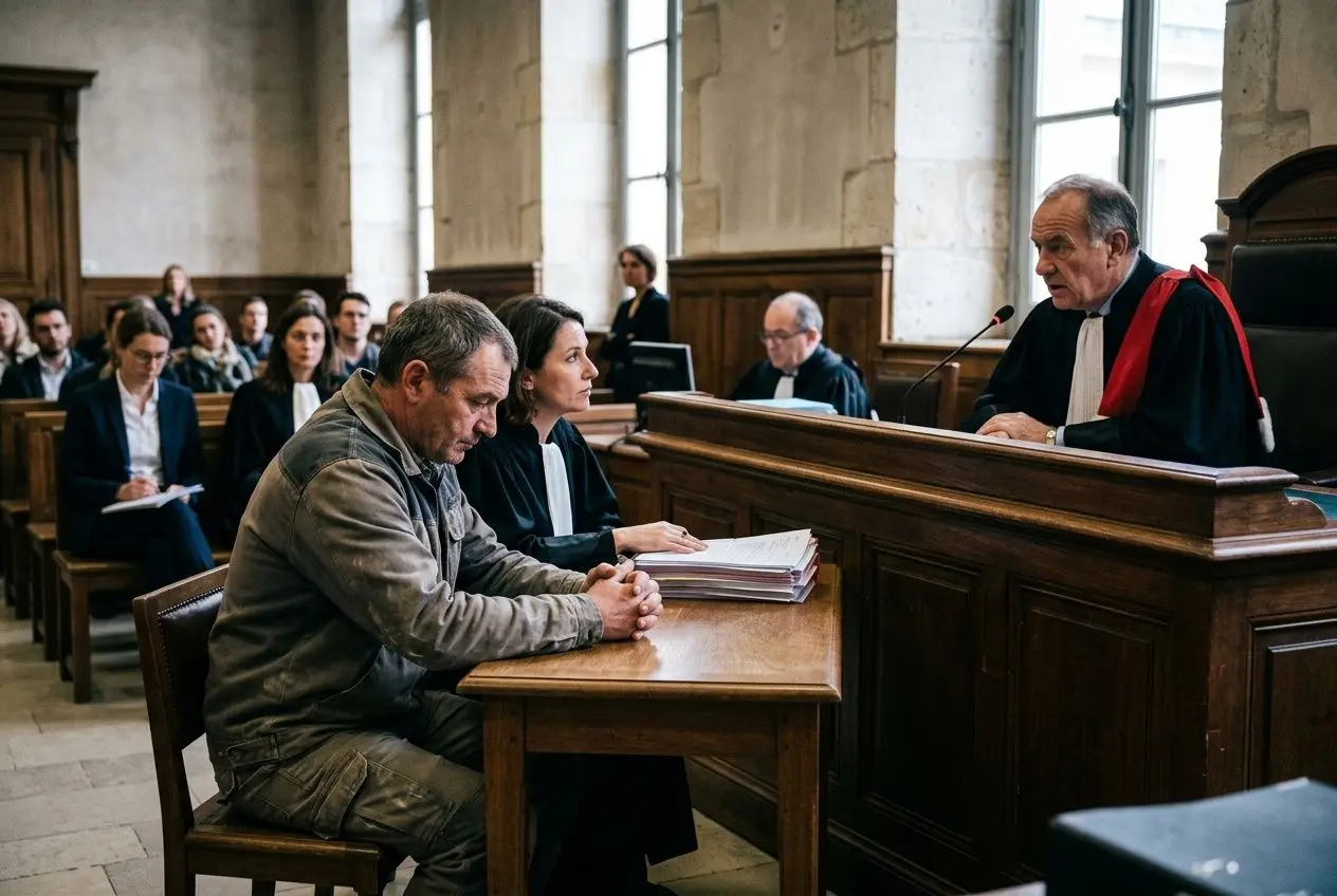 Audition en salle d'audience: un homme et une femme en regards sérieux près des dossiers, face au juge en robe, ambiance procédure et justice. Délit d'entrave inspection du travail.