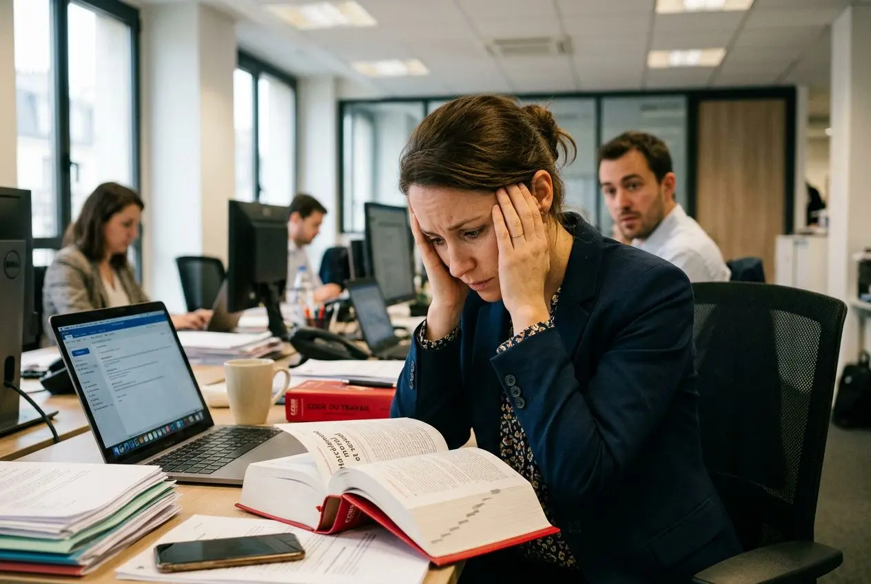 Une collaboratrice stressée consulte des documents au bureau, entourée d’un ordinateur et de piles de papiers.