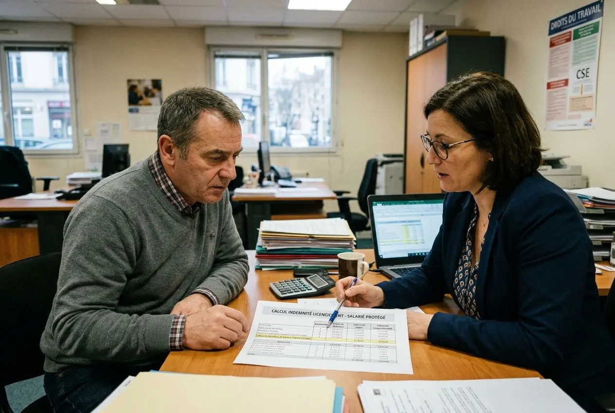 Deux personnes en consultation de bureau discutant d’un document sur le calcul de l’indemnité de licenciement d’un salarié protégé.