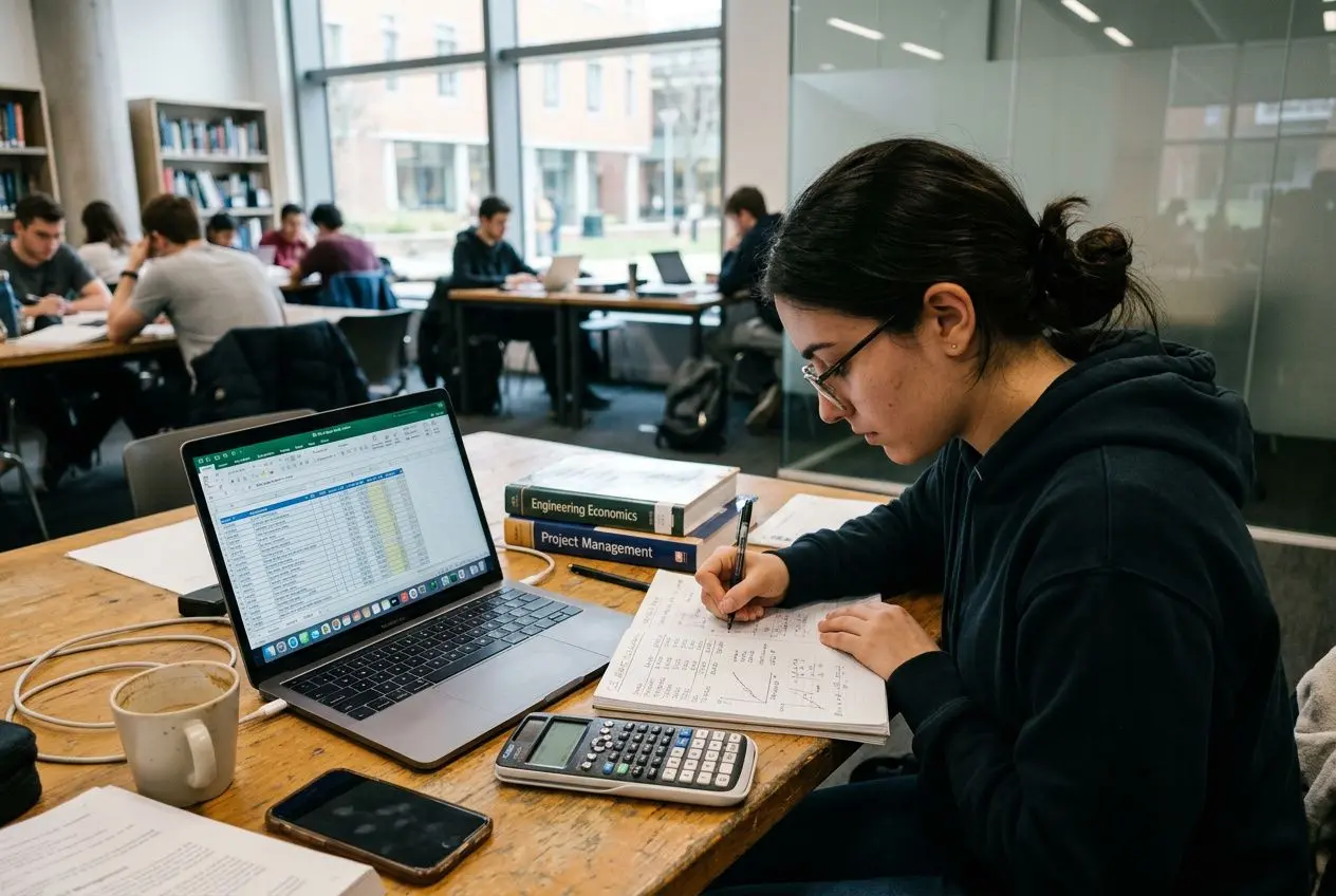 Étudiante concentrée au travail dans une bibliothèque universitaire, avec ordinateur portable, carnet et calculatrice sur la table.