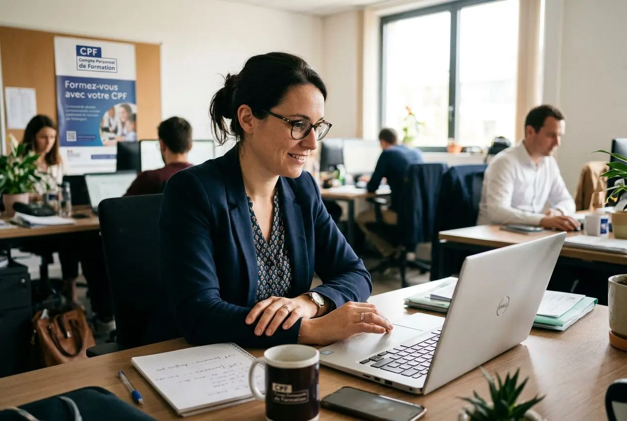 Femme travaillant sur un ordinateur portable dans un bureau, ambiance formation professionnelle, panneau CPF à l’arrière. Altérature: aide financement formation salarié.