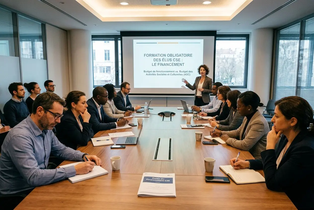 Formation obligatoire après élection CSE : une réunion de comité avec une formatrice près d’un vidéoprojecteur présentant les règles, autour d’une grande table.
