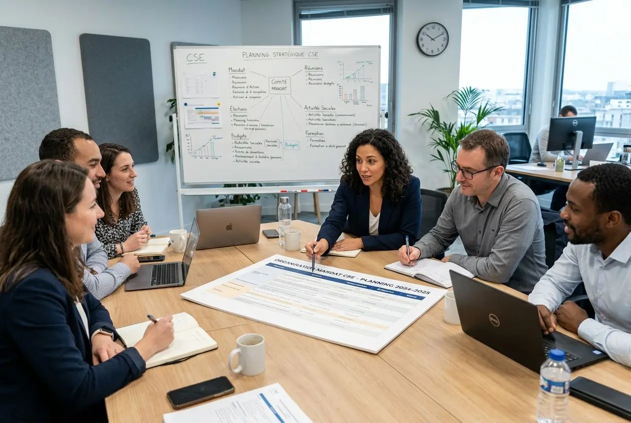 Groupe de professionnels en réunion autour d’une table, planning et documents affichés, discussion animée sur la préparation du mandat CSE sans expérience.