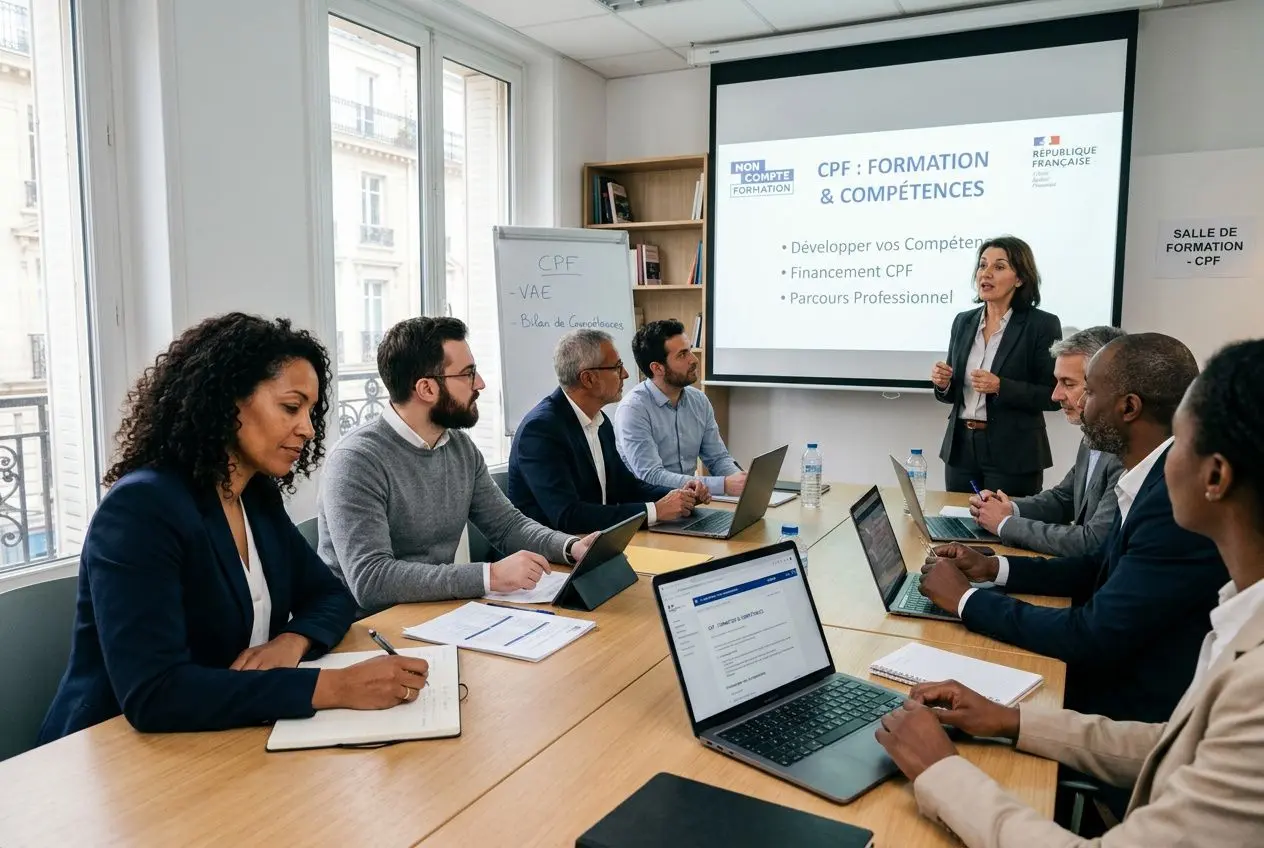Groupe de professionnels en réunion autour d’une table, présentation sur l’écran: “CPF : Formation & Compétences” et discussions sur le financement formation professionnelle.