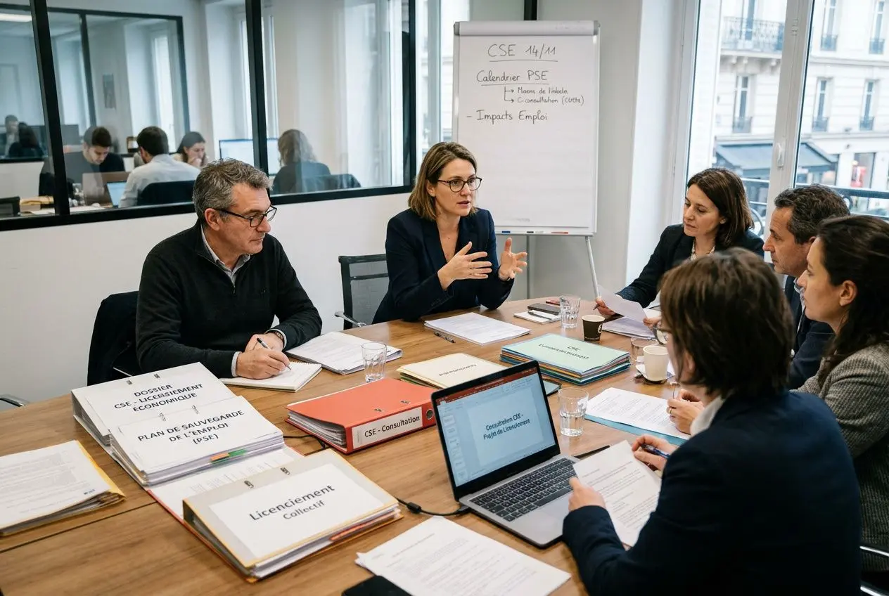 Groupe de professionnels en réunion lors d’une consultation du CSE, documentations et ordinateur sur la table, discussion collective. consultation cse licenciement économique est évoquée.