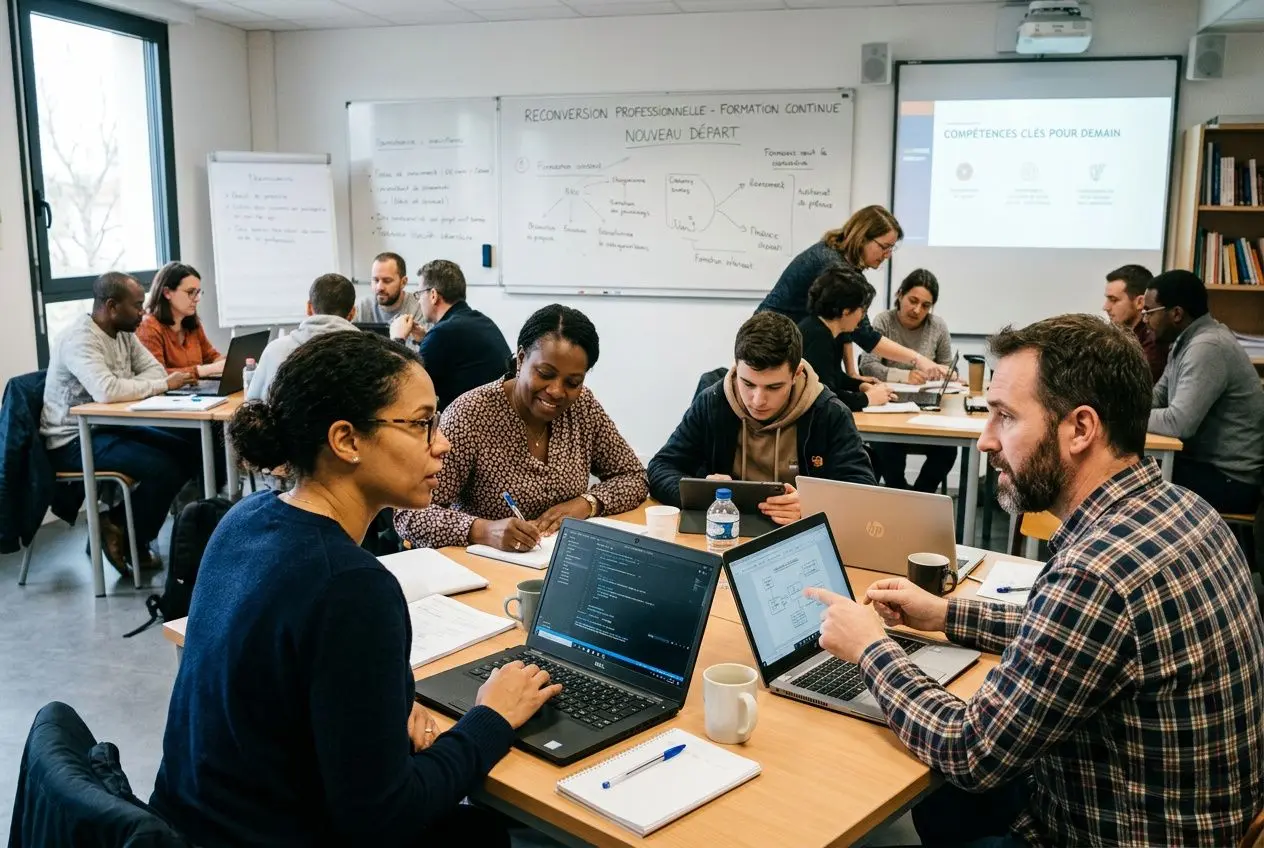 Groupe de salariés en atelier formation, chacun avec ordinateur portable, échange et travail collaboratif autour des projets. Aide financement formation salarié intégrée.