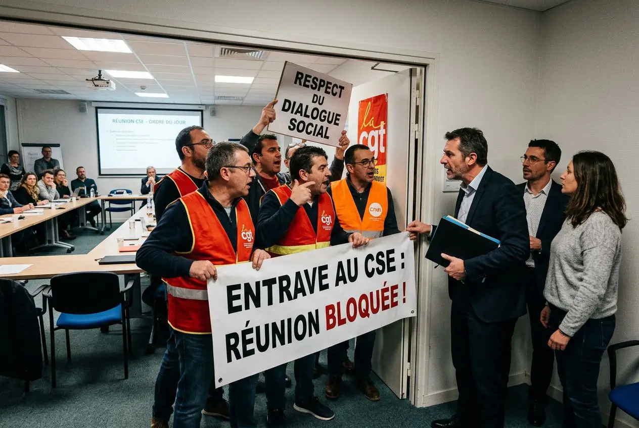 Groupes de manifestants dans un bureau, portant des gilets orange, tenant une banderole « ENTRAVE AU CSE : RÉUNION BLOQUÉE ! », et des pancartes « RESPECT DU DIALOGUE SOCIAL ».