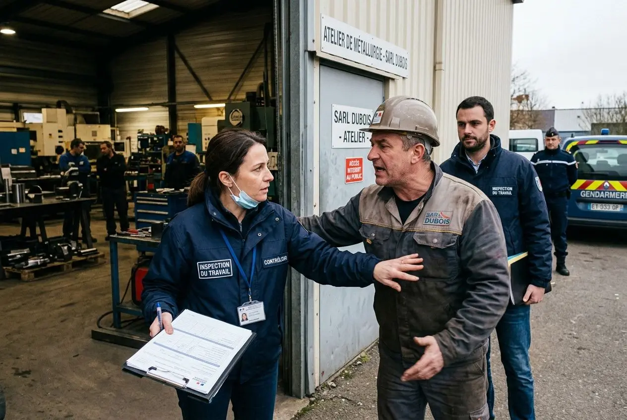 Inspectrice du travail discutant avec un ouvrier dans un atelier métallique, pendant un contrôle, avec un gilet et une attestation.