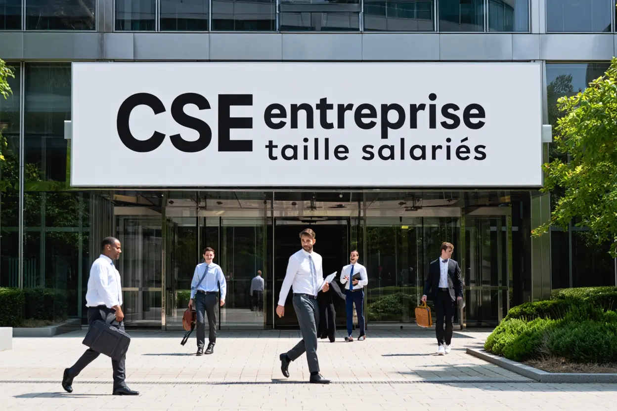 Référent harcèlement CSE obligatoire : façade d’entreprise avec un grand panneau “CSE entreprise taille salariés” et plusieurs employés entrant.