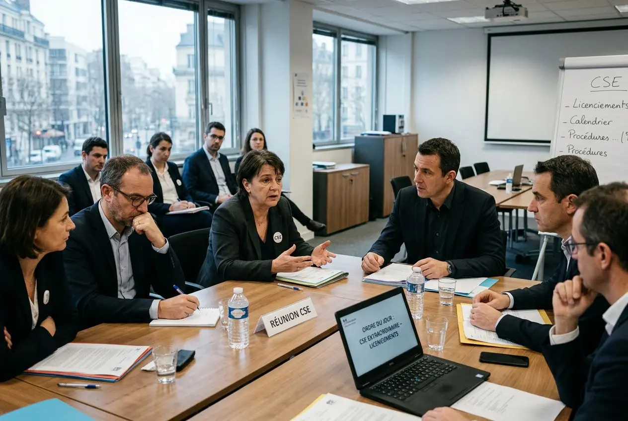 Réunion CSE en cours autour d’une table de travail, avec documents et ordinateur portable, lors d’une consultation sur le licenciement économique.