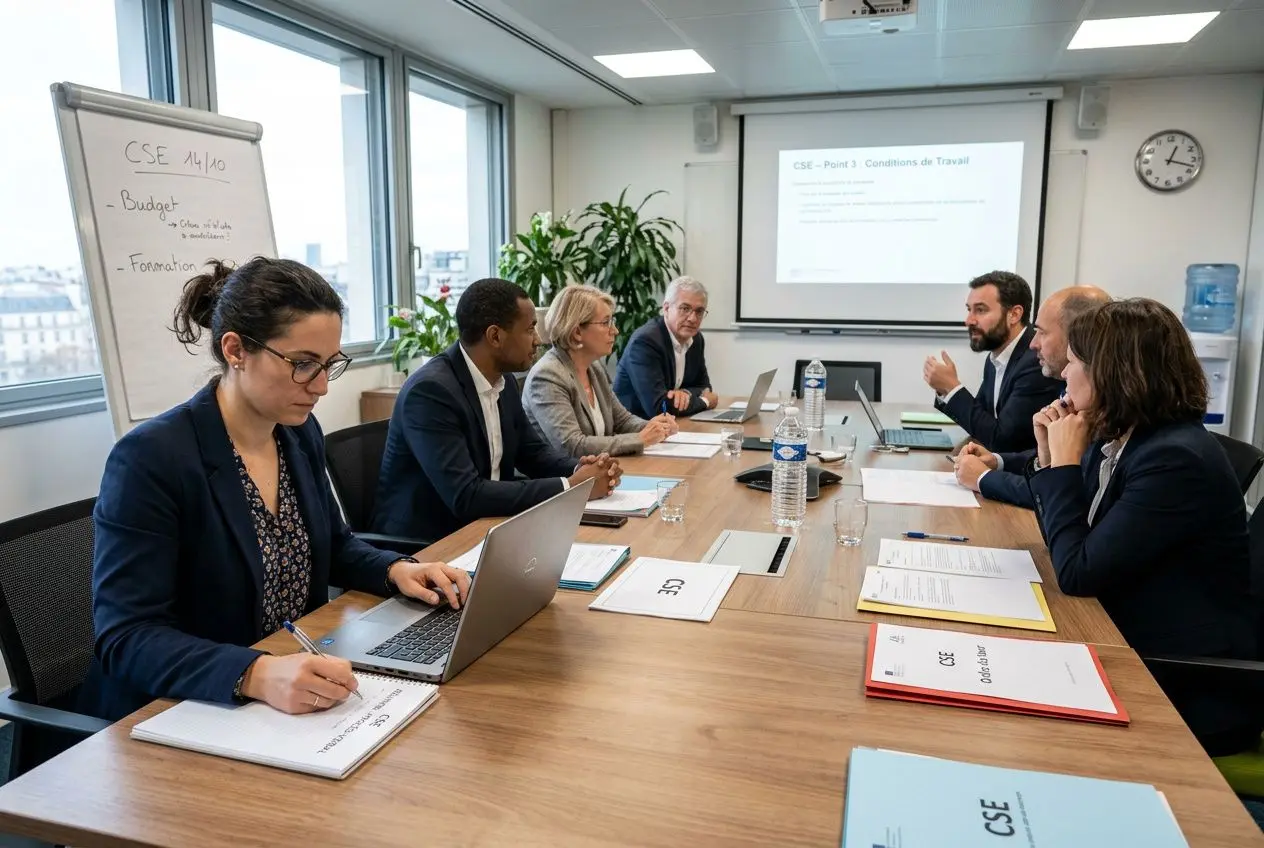 Réunion de CSE en cours avec plusieurs participants autour d’une table, présence d’un tableau et d’un projecteur, ambiance professionnelle. Incorporer le rôle de « secrétaire adjoint CSE ».