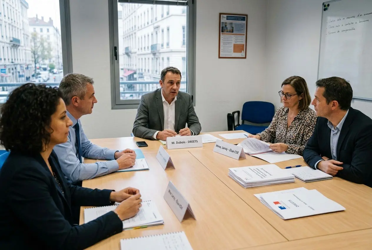 Réunion professionnelle autour d’une table, cinq personnes discutant et consultant des documents, dans un cadre de bureau. Alt text intégrant le mot-clé: Consultation cse licenciement économique en réunion sur les étapes et obligations.