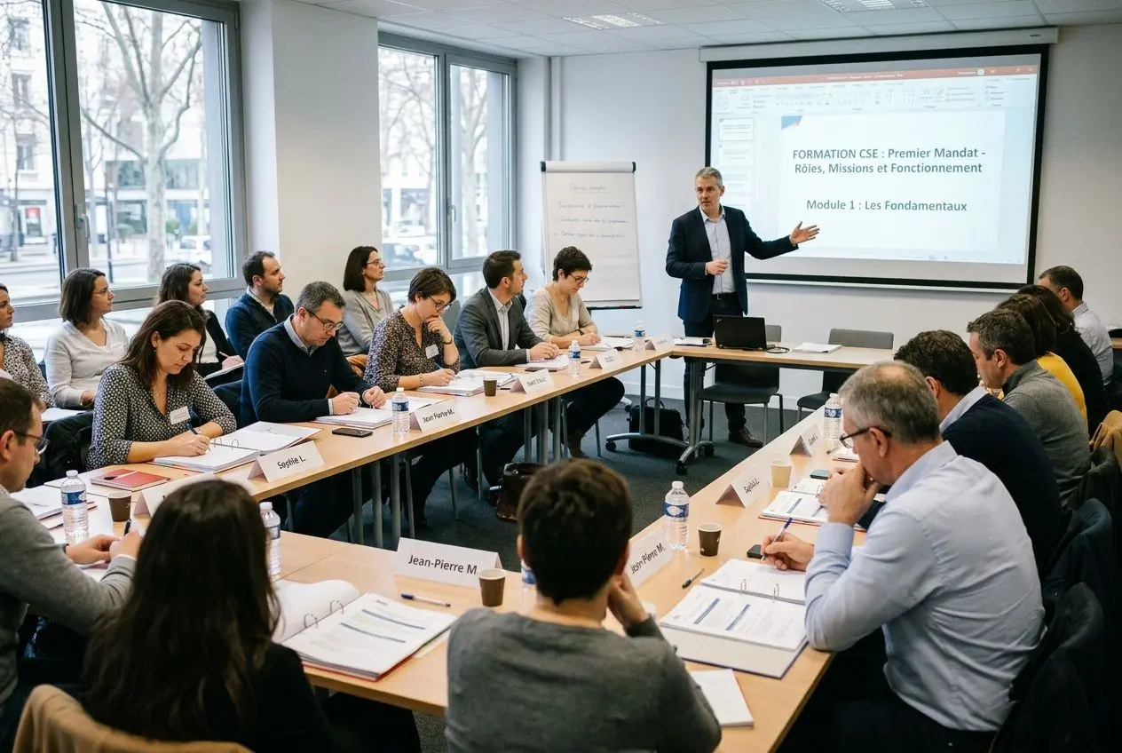 Salle de formation avec un animateur présentant devant un écran, participants assis autour d’une grande table, échange et prise de notes. préparer son premier mandat cse sans expérience est illustré.