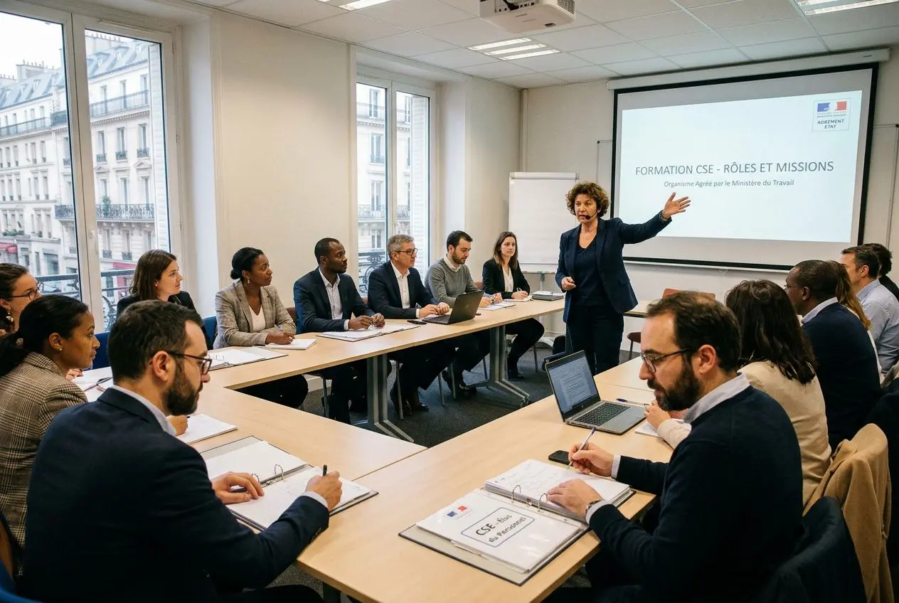 Salle de formation en réunion, formateur devant un écran projeté, participants autour d’une grande table, prise de notes et laptops. Organisme agréé formation cse visé.