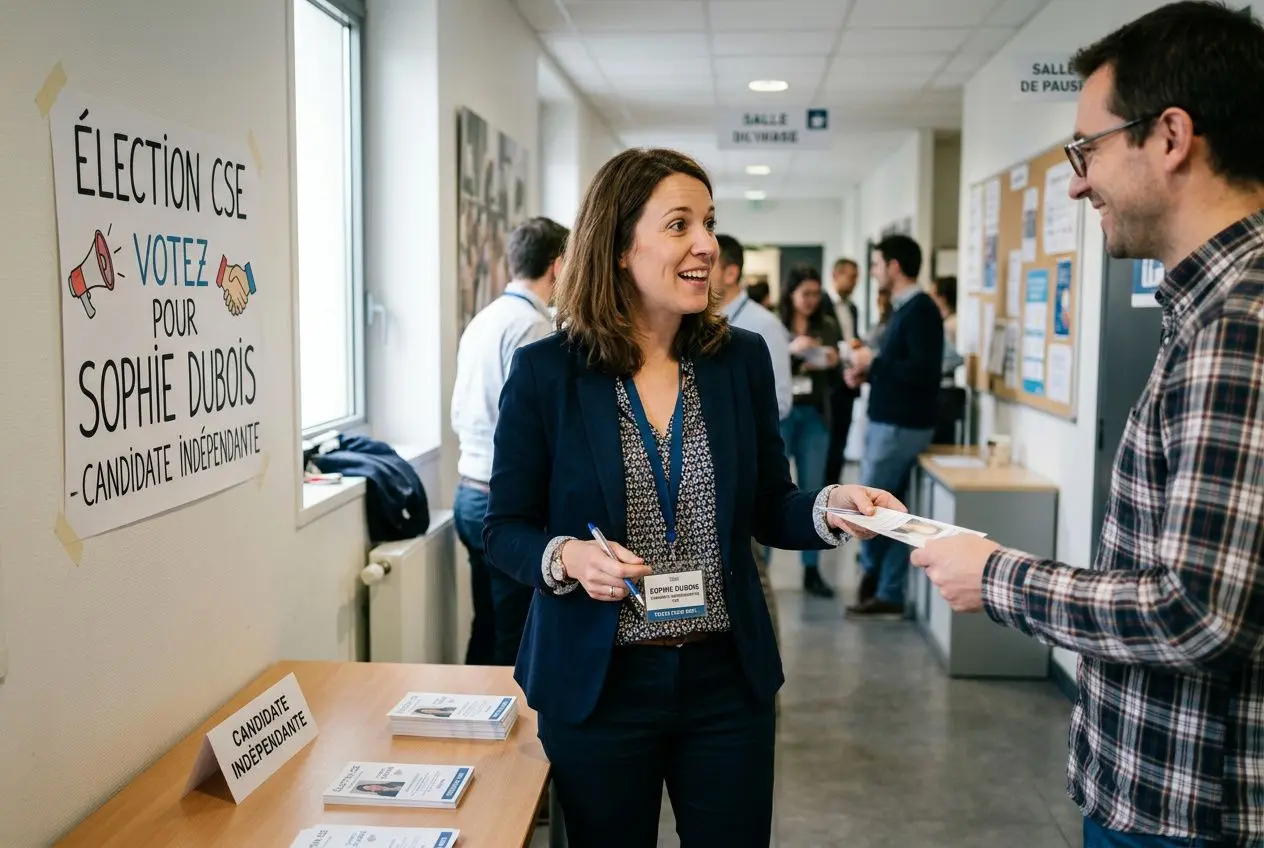 Consultante souriante à un stand électoral CSE, échange d’un document avec un candidat; pancarte “ÉLECTION CSE” et brochures sur la table. Intègre les conditions pour être élu au CSE.