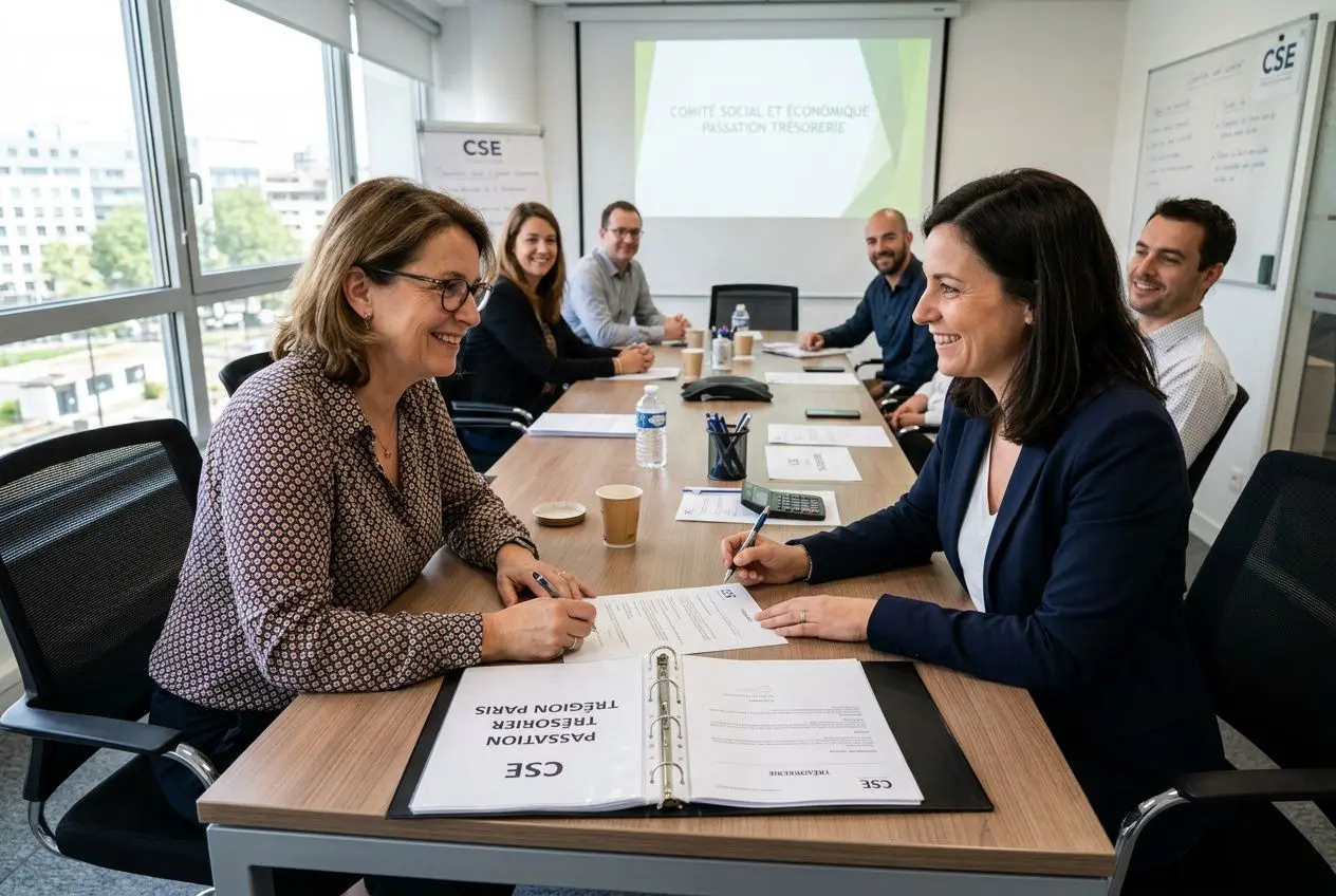 Deux femmes d’affaires signent des documents lors d’une réunion CSE, entourées par cinq collègues souriants dans une salle lumineuse.
