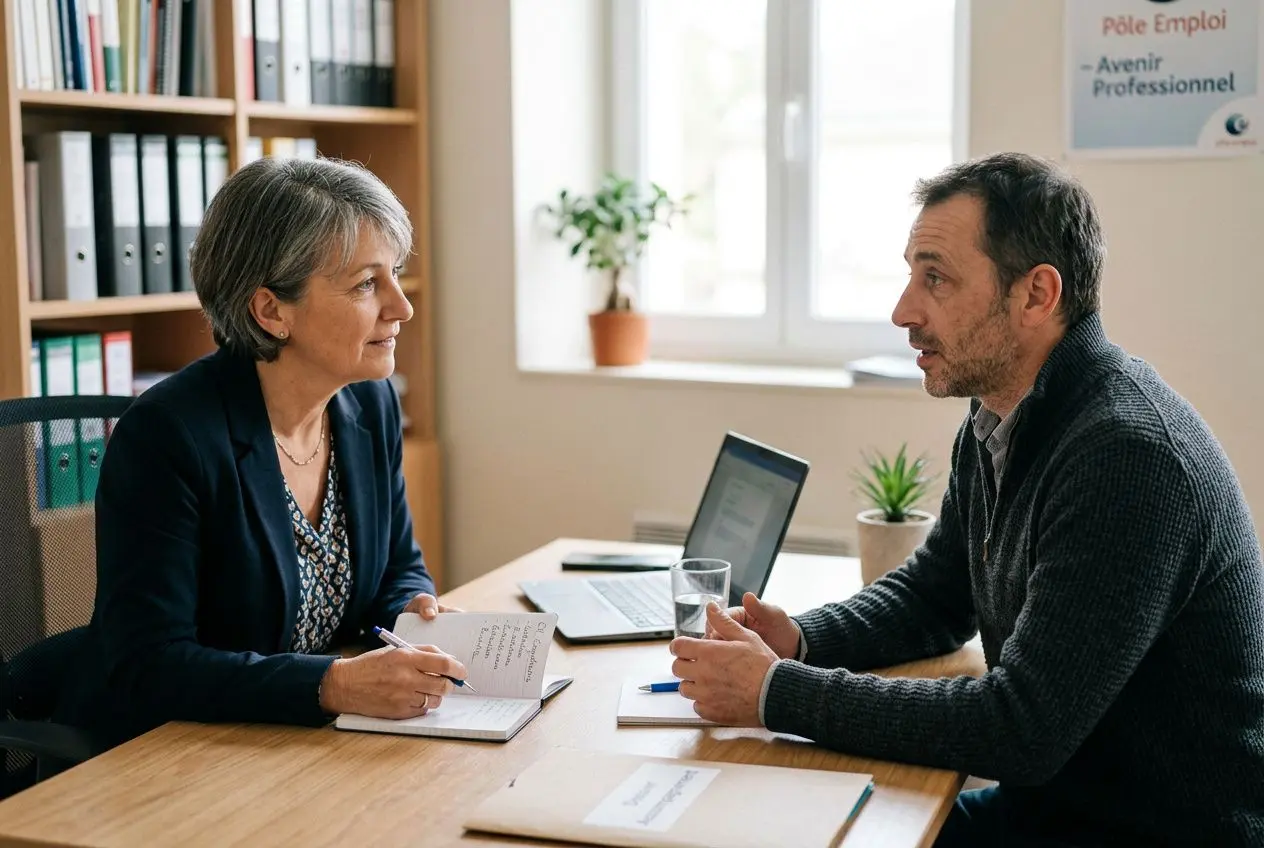 Entrevue en bureau sur les mesures d'accompagnement du licenciement économique, avec un conseiller et un salarié autour d’une table.