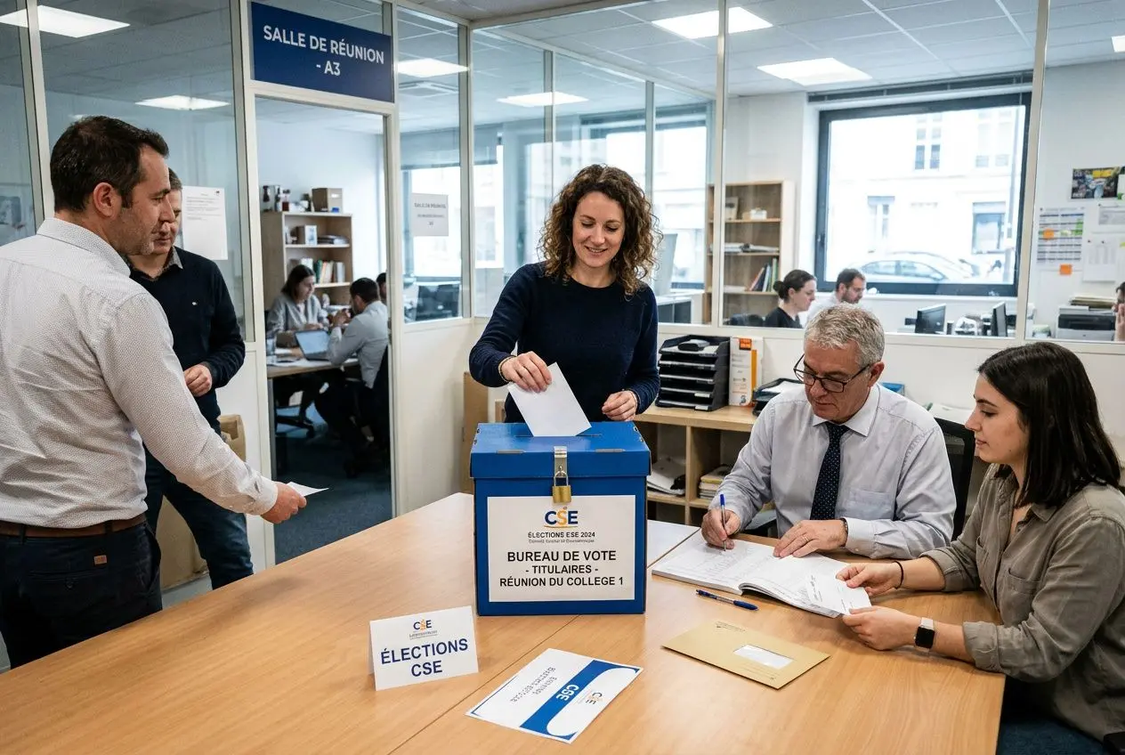 Équipe votant lors de la première réunion après élection du CSE; urne bleue sur table, participants consultent des documents au bureau de vote.