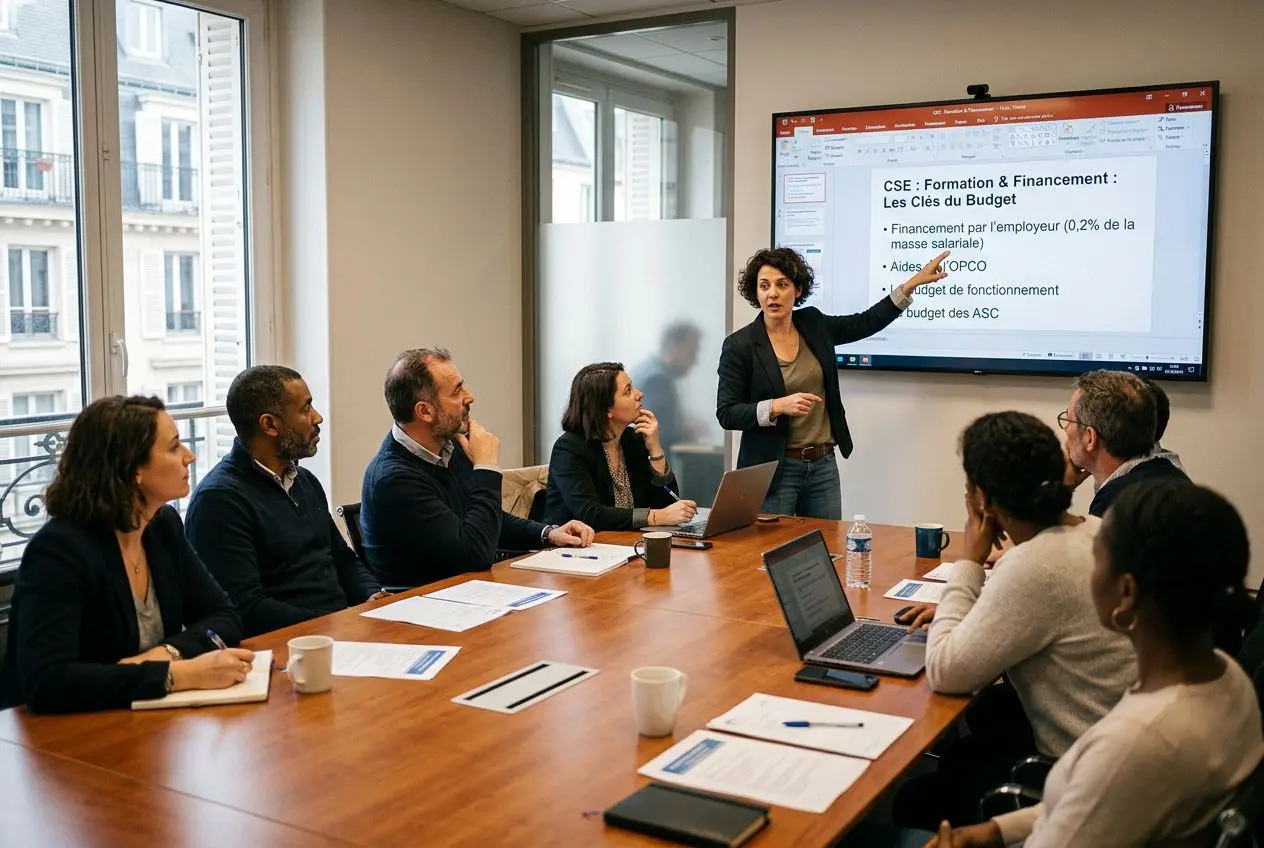 Formation nouveau élu CSE: une chargée affiche une présentation devant un groupe en réunion, slides économiques et SSCT au tableau.