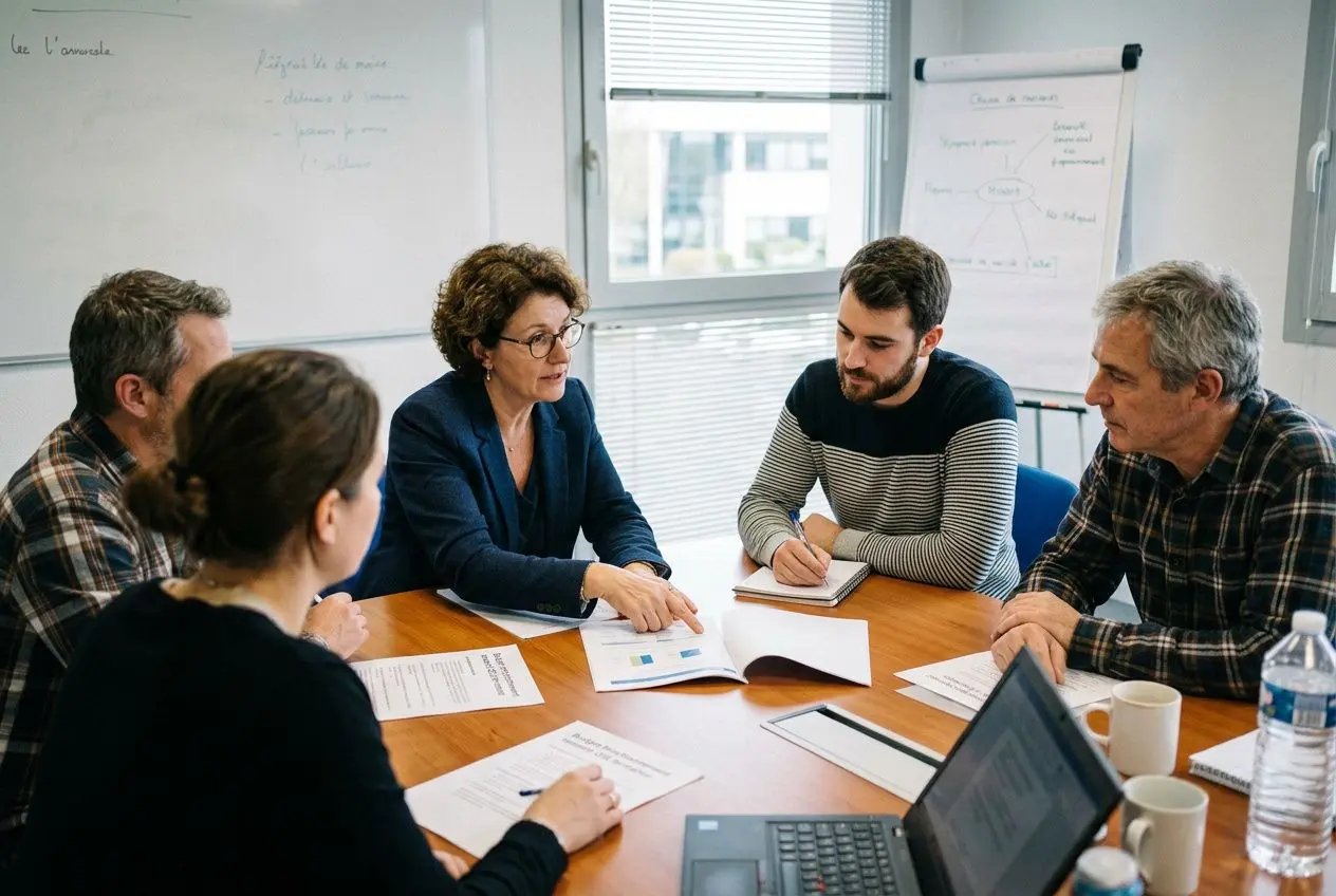 Groupe de personnes en réunion autour d’une table, échange sérieux sur documents et ordinateur, dans une salle de conférence. formation secrétaire cse obligatoire est évoquée.