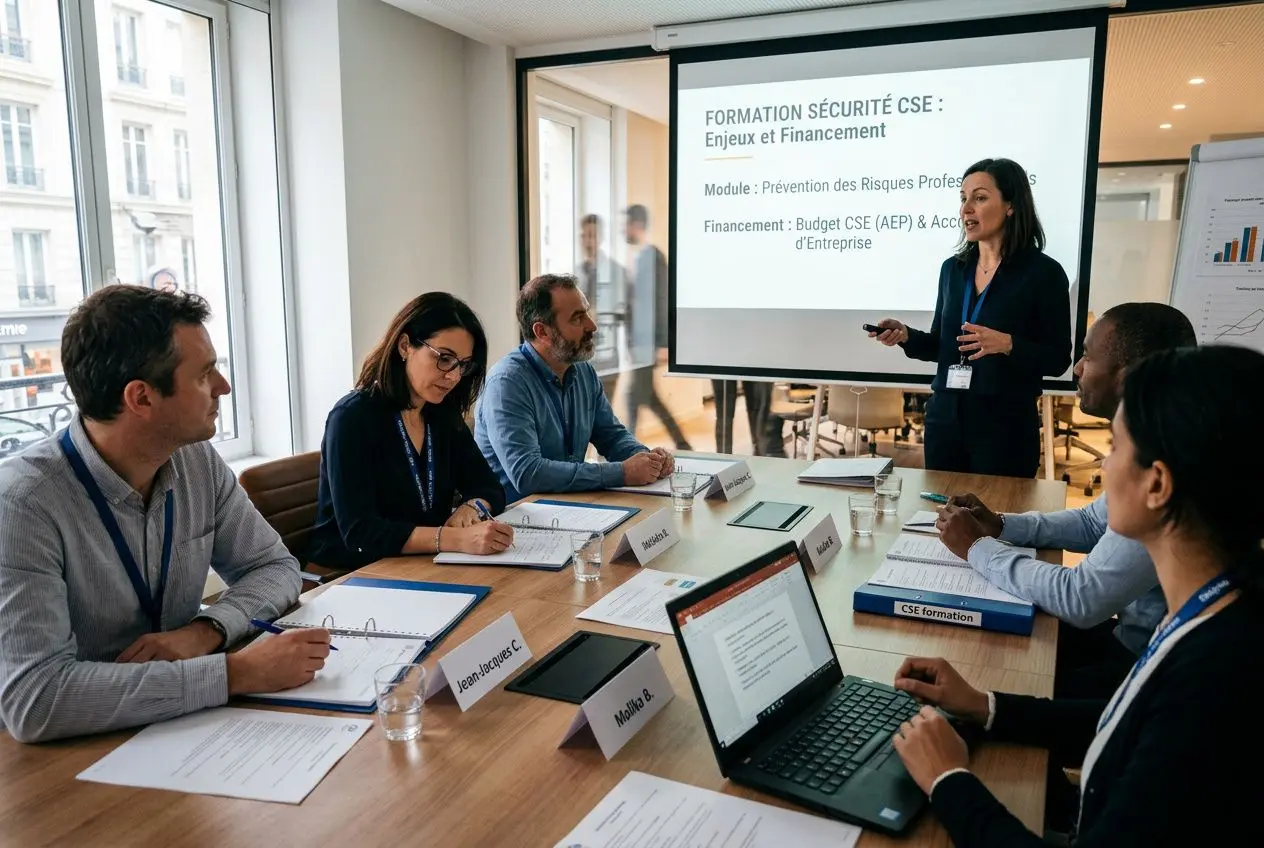 Groupe de professionnels en formation santé sécurité et conditions de travail lors d’une session CSE, avec présentatrice et projecteur affichant le sujet. formation santé sécurité et conditions de travail cse obligatoire