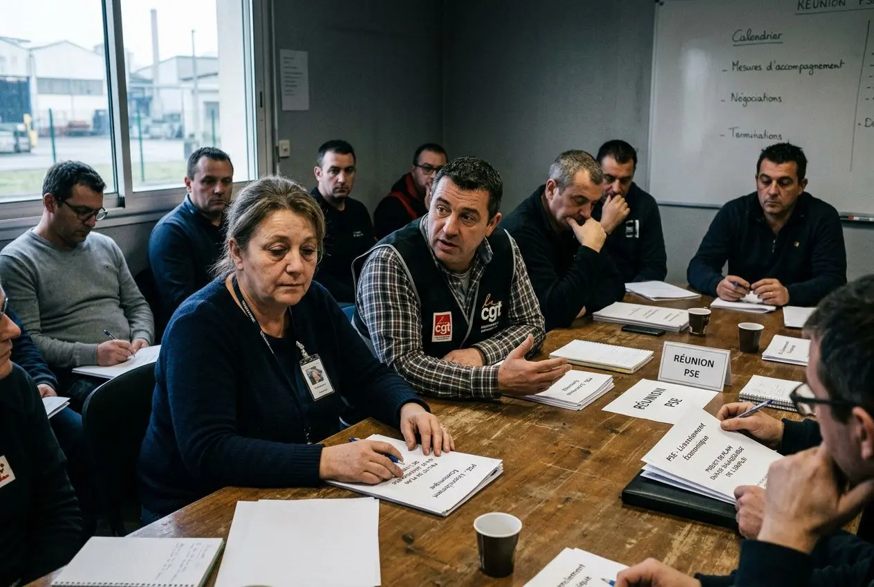 Groupe de salariés lors d’une réunion sur le plan de sauvegarde de l’emploi (PSE), discussion autour de documents et bloc-notes sur une grande table.