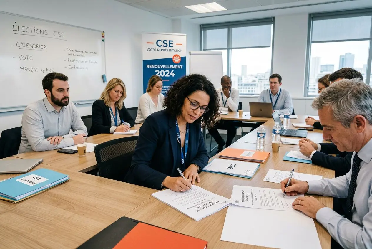 Groupe de salariés en réunion autour d’une table, signature de documents pour le CSE, tableau blanc et affiches “Élections CSE” et “RENOUVELLEMENT 2024” en arrière-plan. integrate keyword: “comment est élu un cse” naturellement dans la description.