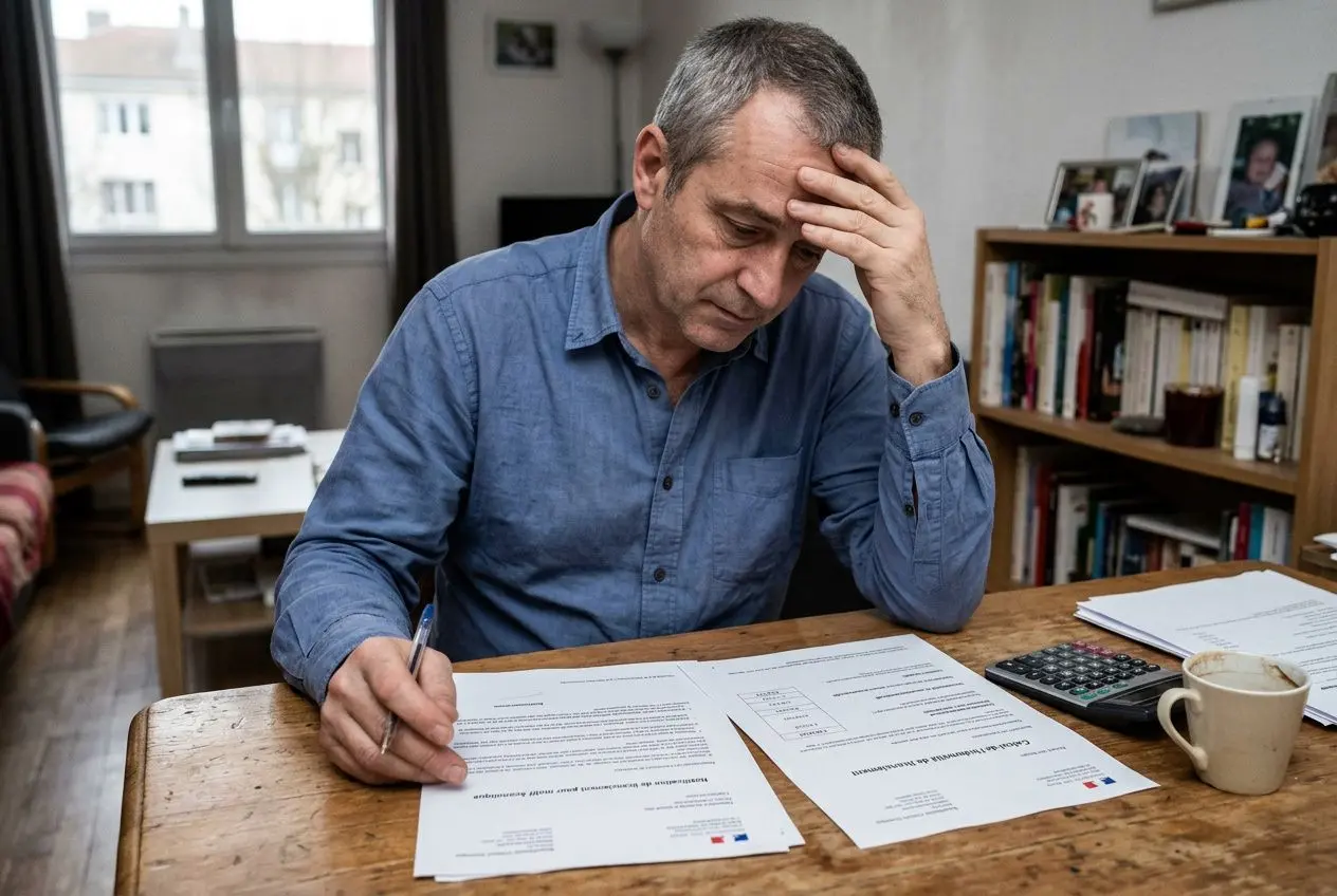 Homme inquiet à son bureau, signé de documents liés à un PSE licenciement économique, en train de les signer.