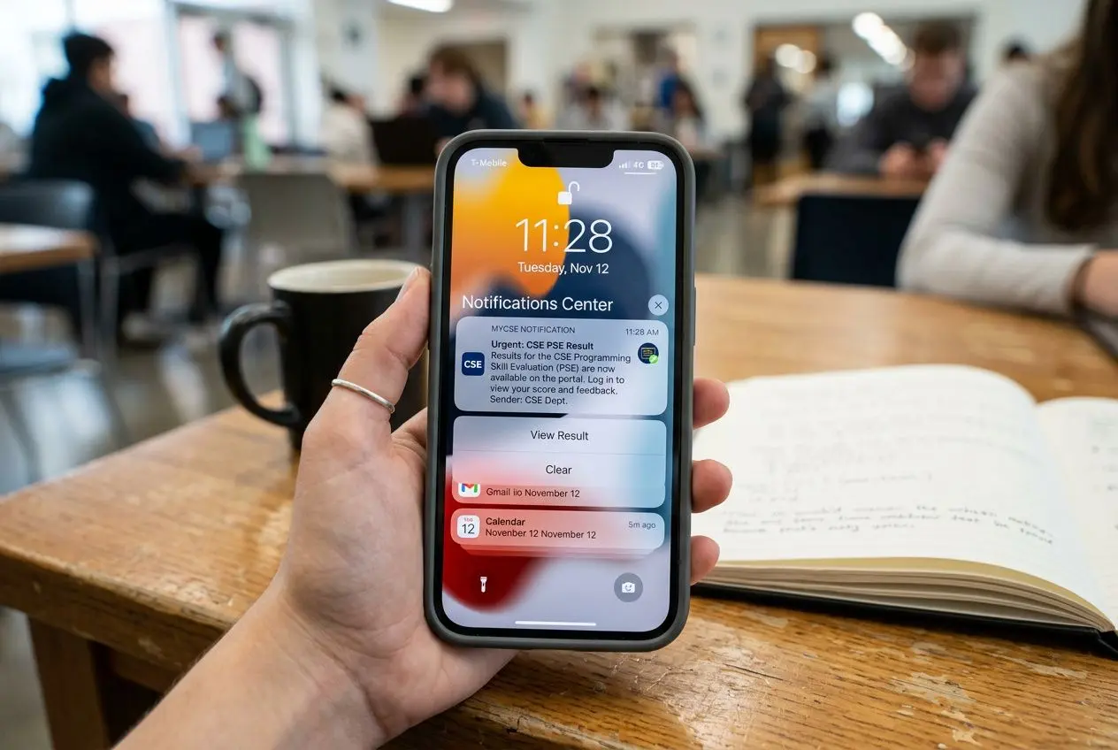 Notification center affichée sur un smartphone tenu en main, en contexte de bureau avec mug et carnet. Licenciement économique procédure cse et droit du salarié évoqués.