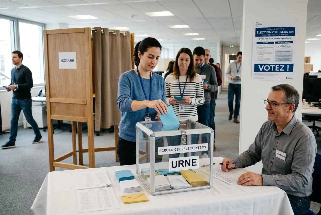 Personne déposant un bulletin dans l’urne du scrutin CSE, avec un bureau et affiches « VOTEZ » en arrière-plan, ambiance électorale. (intégration: comment est élu un cse)