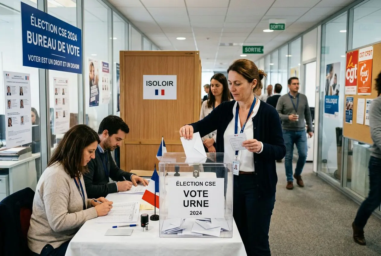 Personne votant dans une urne électorale CSE, bureau de vote affichant “Élection CSE” et drapeaux, avec des agents et affiches d’information. Calendrier élection cse mentionné indirectement.