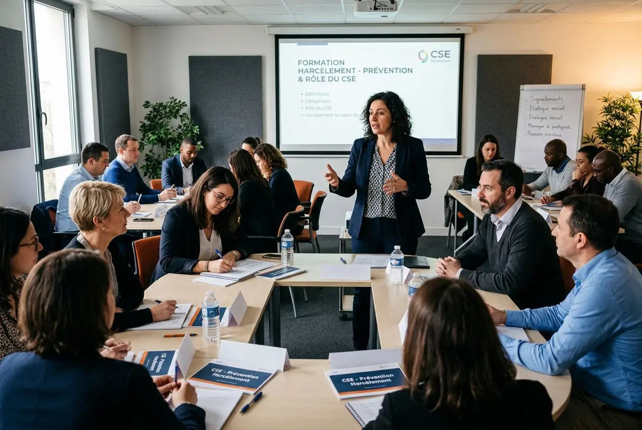 Référent harcèlement CSE en formation: femme pédagogue anime une séance devant une salle de réunion avec des participants autour de tables, supports et visioconférence.