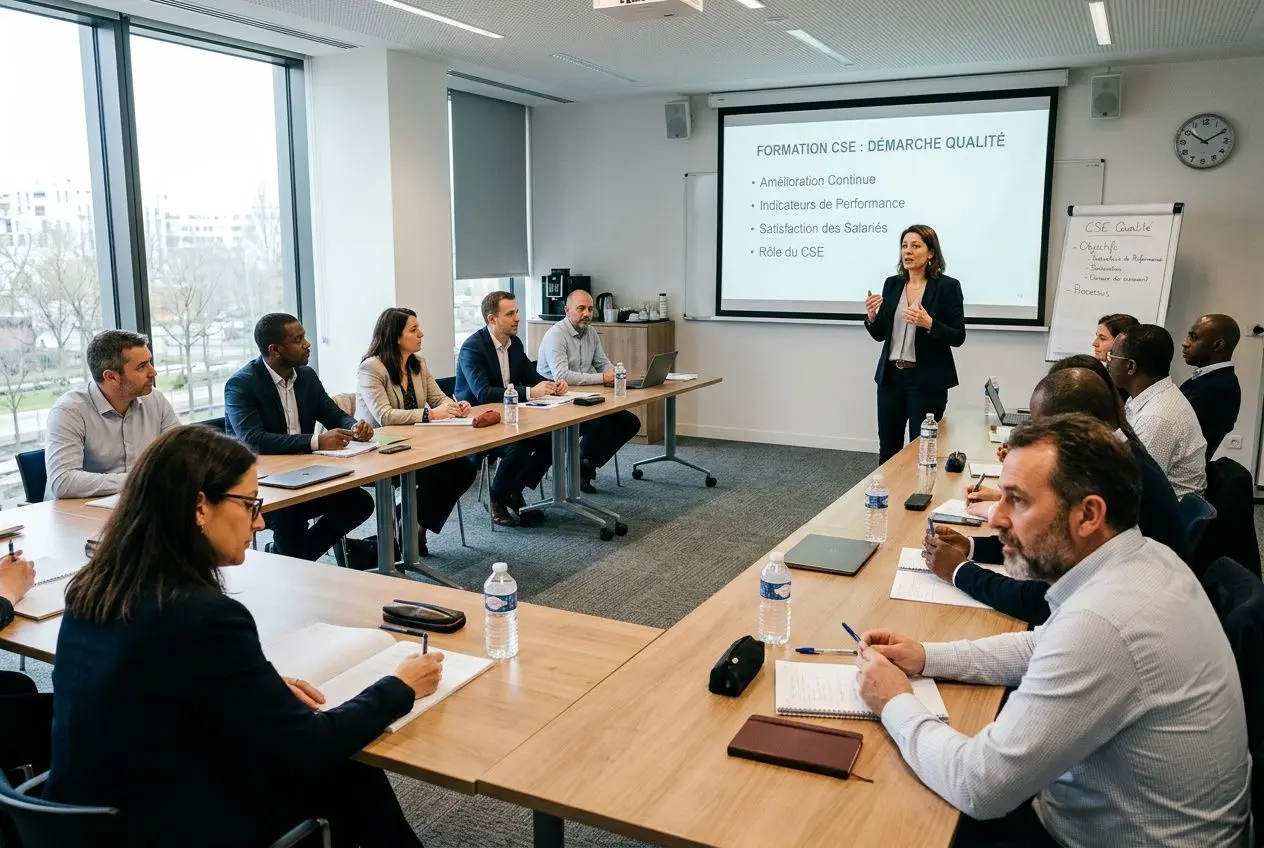 Réforme majeure des formations CSE en France : une réunion de cadres autour d’une présentation sur la nouvelle réglementation et le rôle du CSE.
