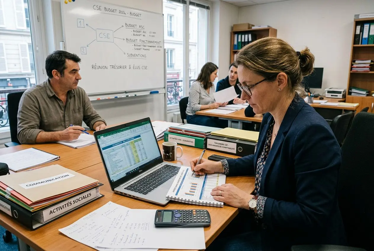 Réunion au bureau avec une trésorière CSE travaillant sur des chiffres et documents financiers, ordinateur portable ouvert et calculatrice—planning des missions d'un trésorier CSE.
