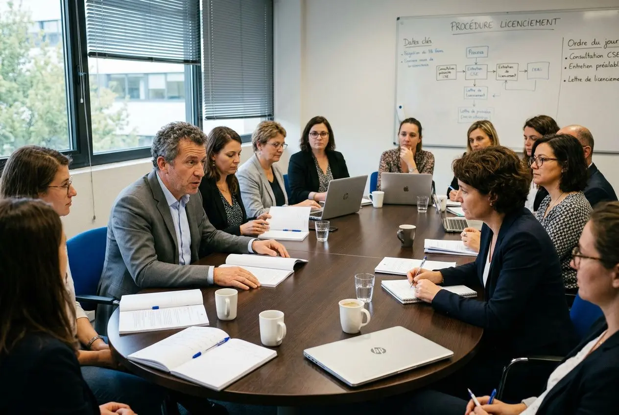 Réunion de consultation sur le licenciement économique procédure cse, avec plusieurs professionnels autour d’une table, documents et ordinateurs.