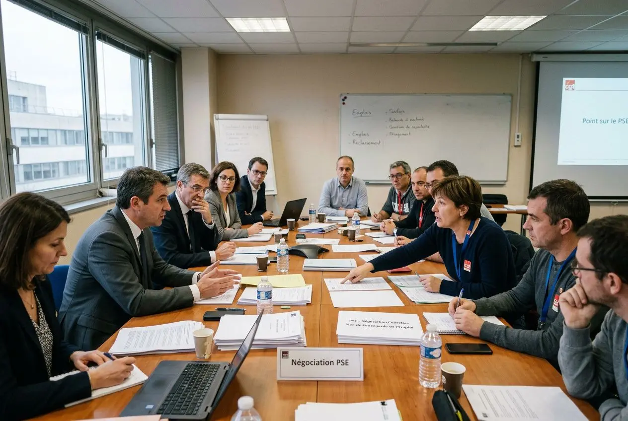 Réunion d’ensemble autour d’une table de négociation PSE, avec des documents et ordinateurs, cadre professionnel.