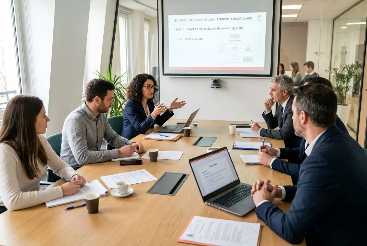 Réunion d’équipe autour d’une table, échanges entre plusieurs professionnels avec laptops et documents, présentation projet à l’écran. diffère entre information et consultation du CSE.