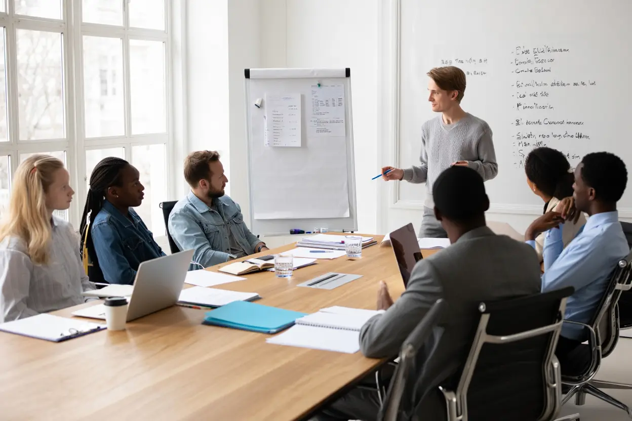 Réunion de formation sur les droits et devoirs des élus CSE : un formateur présente sur un tableau blanc devant un groupe varié de salariés autour d’une table.
