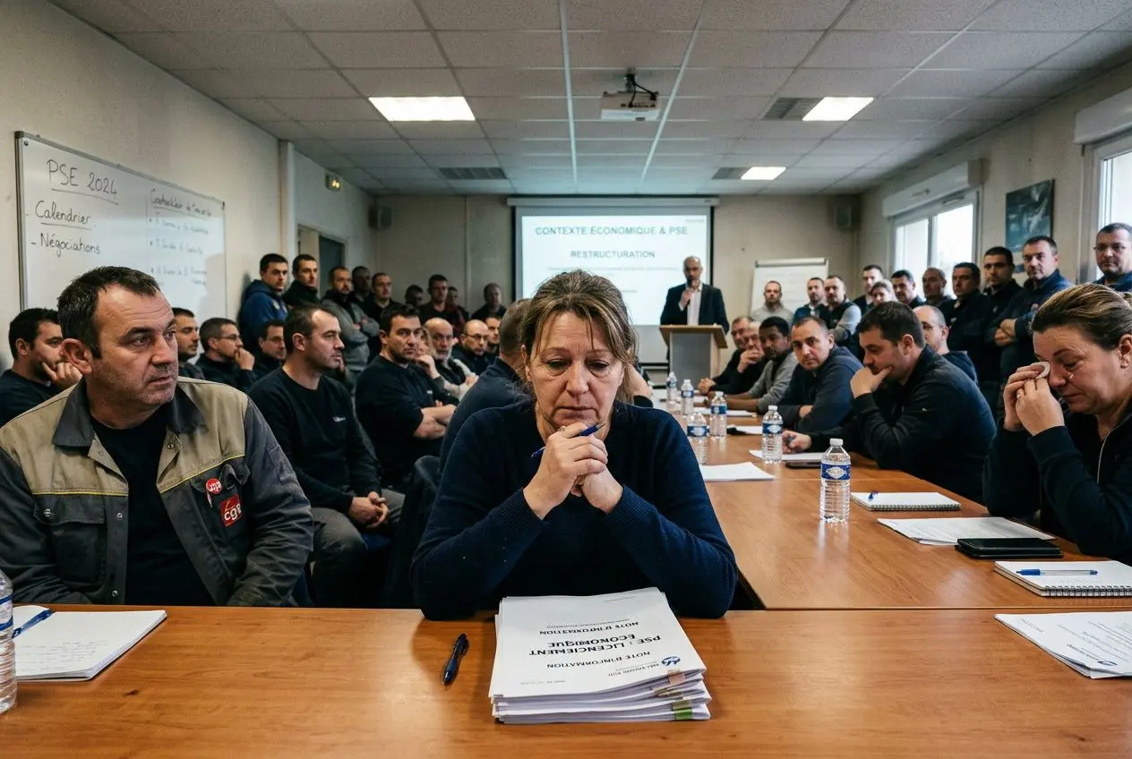 Salle de réunion remplie de salariés lors d’un deployment PSE, une femme au centre semble préoccupée, documents et feuilles devant elle. PSE licenciement économique.