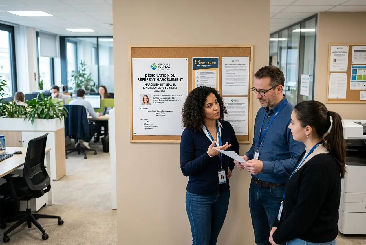 Trois salariés discutent près d’un panneau sur la désignation du référent harcèlement au CSE, à côté d’un espace de bureau.