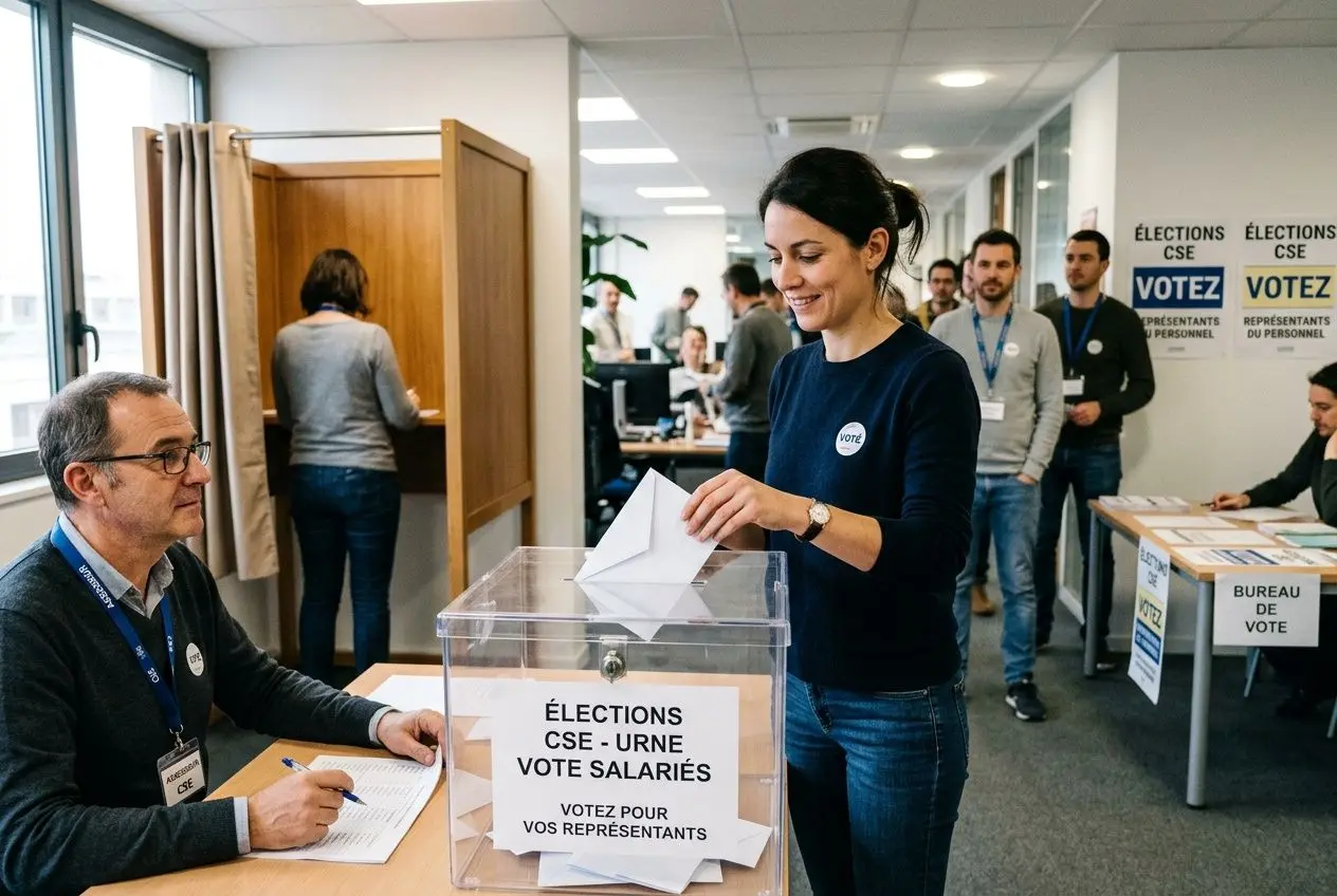 Vote en cours pour les élections du CSE : une salariée et un responsable scrutent l’urne et préparent le dépouillement dans un bureau de vote. comment est élu un cse intégré naturellement.