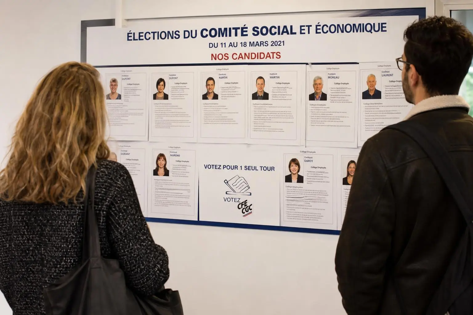 Affichage des candidats et légende "Élections du comité social et économique" sur un mur, deux personnes consultent les affiches. Comment organiser élections cse intégré de manière fluide.