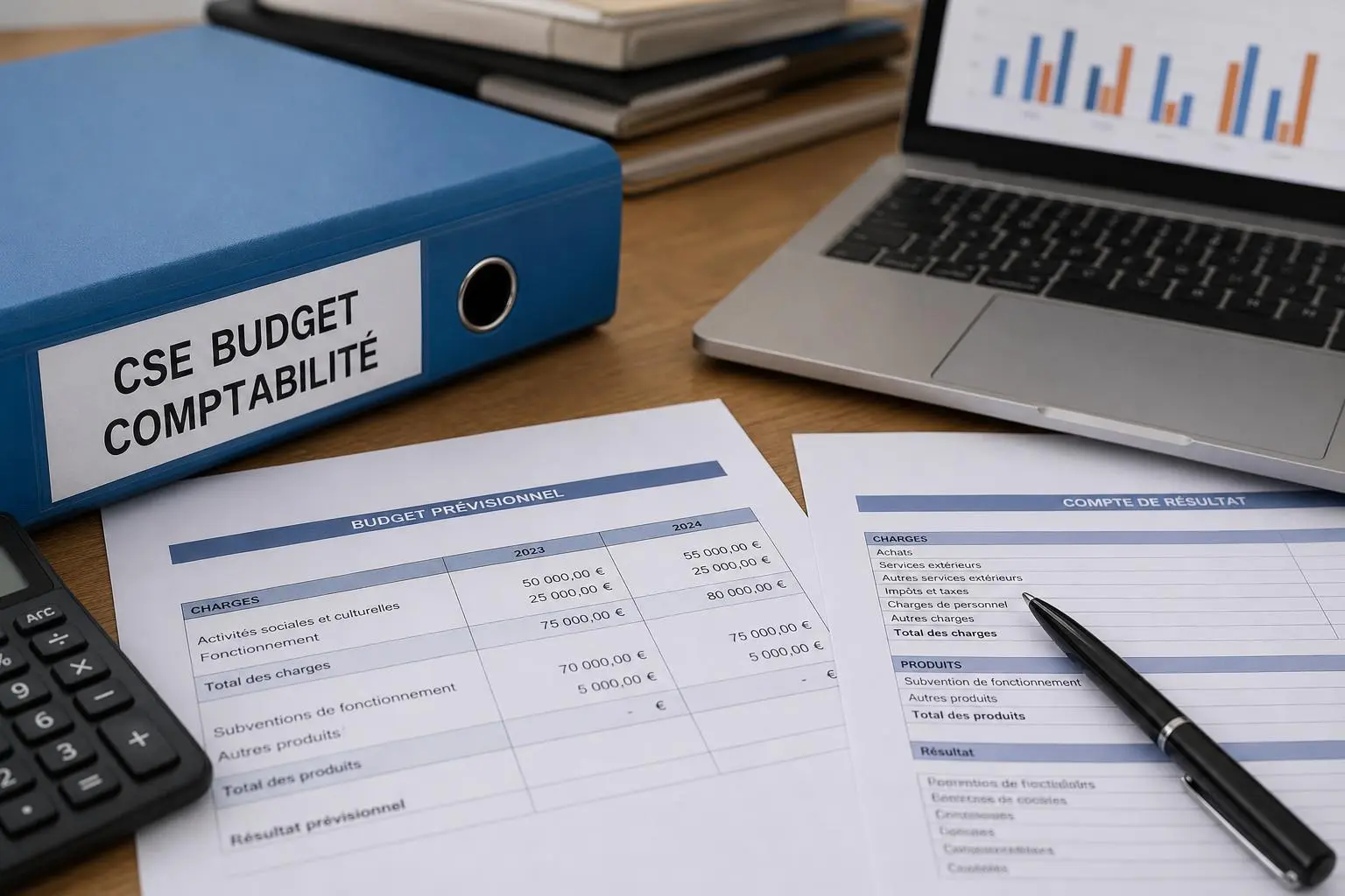Contrôle comptable d’un CSE: classeur intitulé “CSE BUDGET COMPTABILITÉ” sur bureau avec documents budgétaires et graphique affiché sur ordinateur, calculatrice à côté. Integration: comment tenir la comptabilité d'un cse.